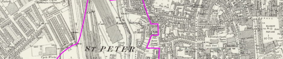 An 1899 Ordnance Survey map at 25 inch to the mile overlaid with the boundary of St peter's parish.